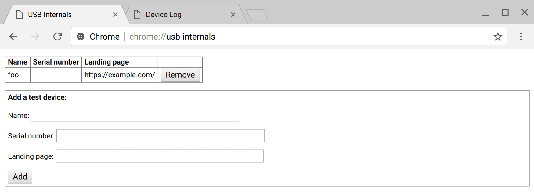 Captura de pantalla de la página interna para depurar WebUSB en Chrome