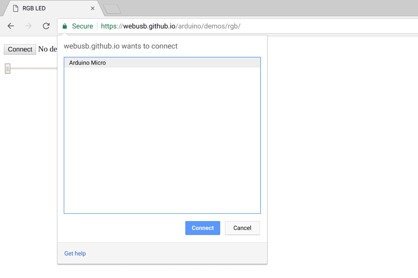 Captura de pantalla de la solicitud del usuario del dispositivo USB en Chrome