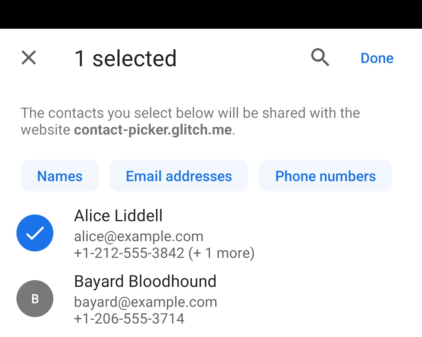 Capture d'écran du sélecteur pour un site demandant toutes les propriétés.