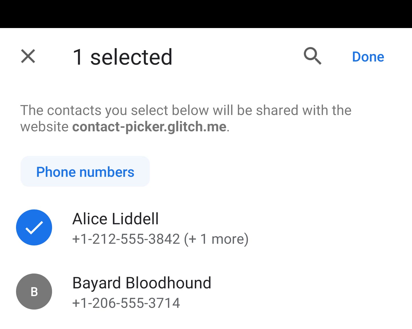 Screen shot of picker for site requesting only phone numbers.