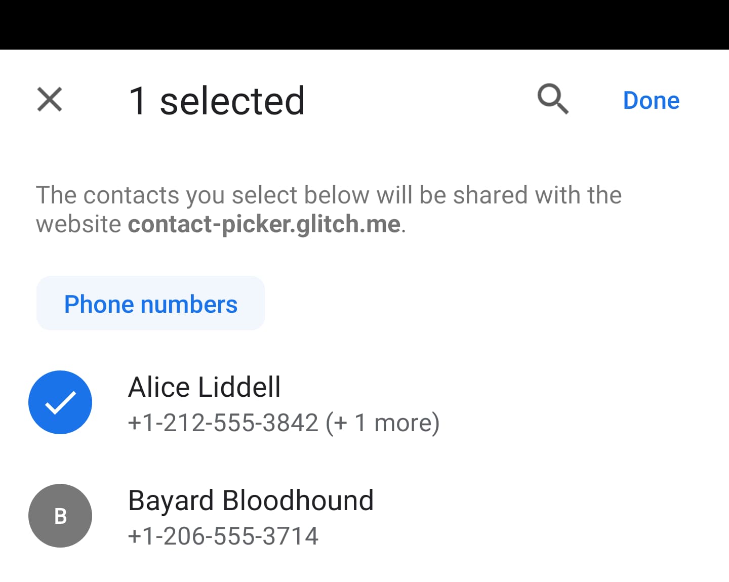 Captura de pantalla del selector de un sitio que solicita solo números de teléfono.
