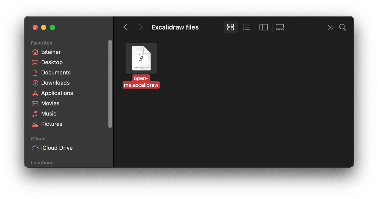 Fenêtre de l&#39;outil de recherche macOS avec un fichier Excalidraw.