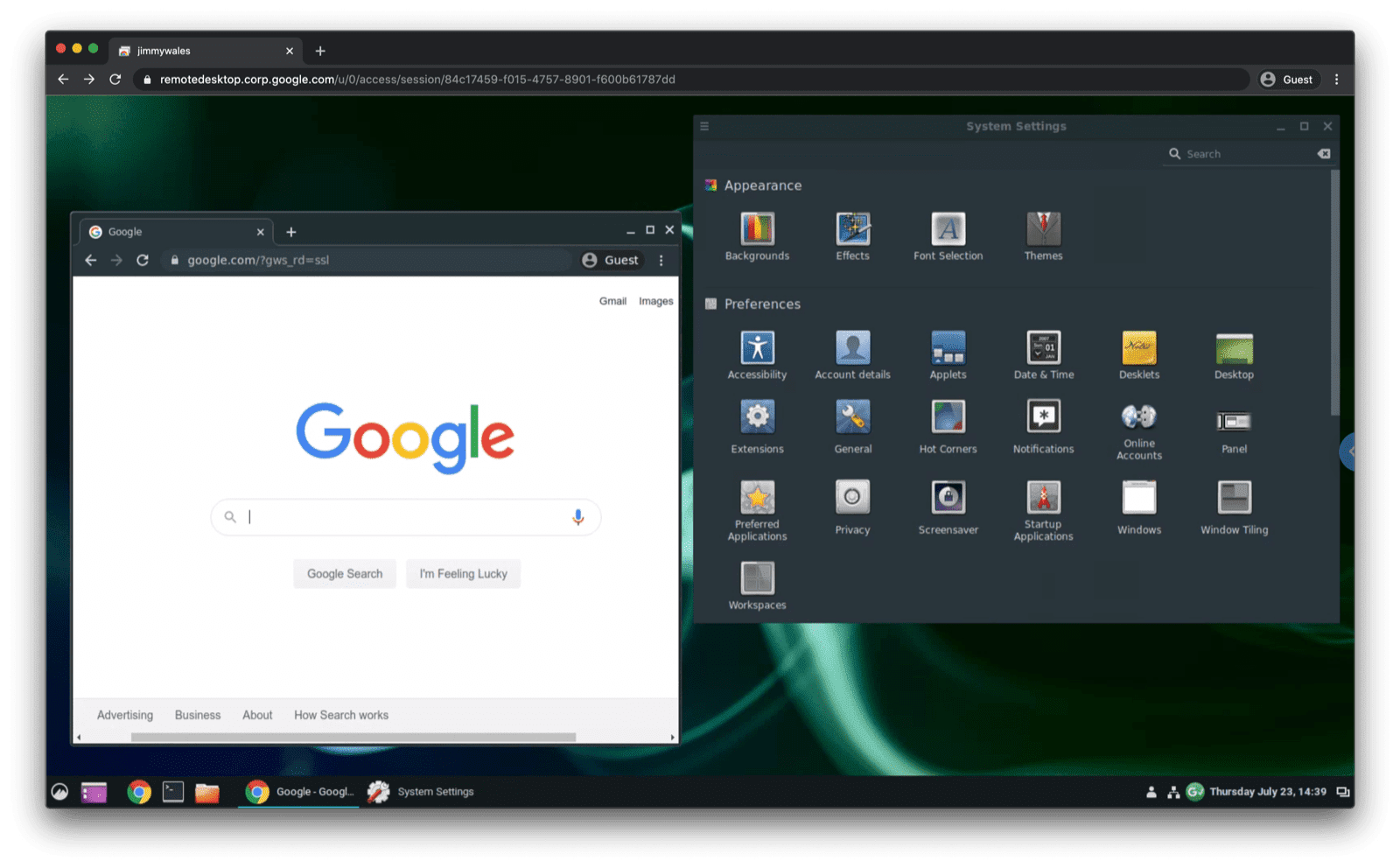 macOS Chrome의 브라우저 탭으로 스트리밍되는 Ubuntu Linux (아직 전체 화면 모드로 실행되지 않음)