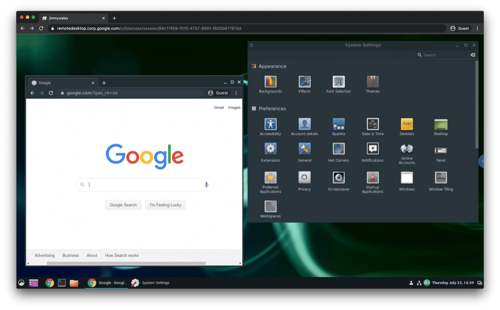 Ubuntu Linux가 macOS Chrome의 브라우저 탭으로 스트리밍되었습니다 (아직 전체 화면 모드로 실행되지 않음).