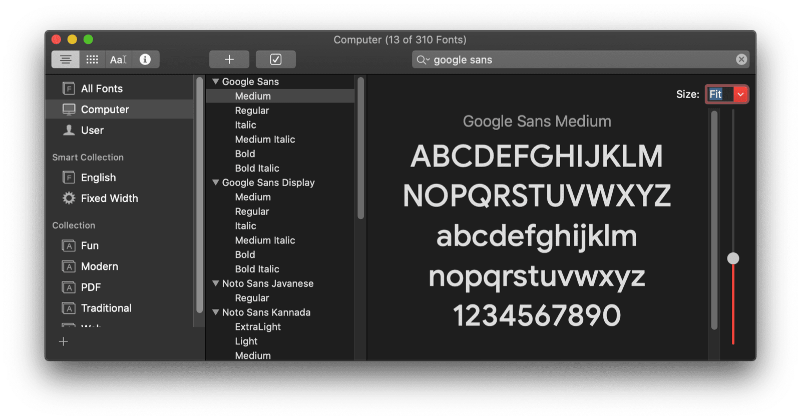 O app Font Book do macOS mostrando uma prévia da fonte Google Sans.