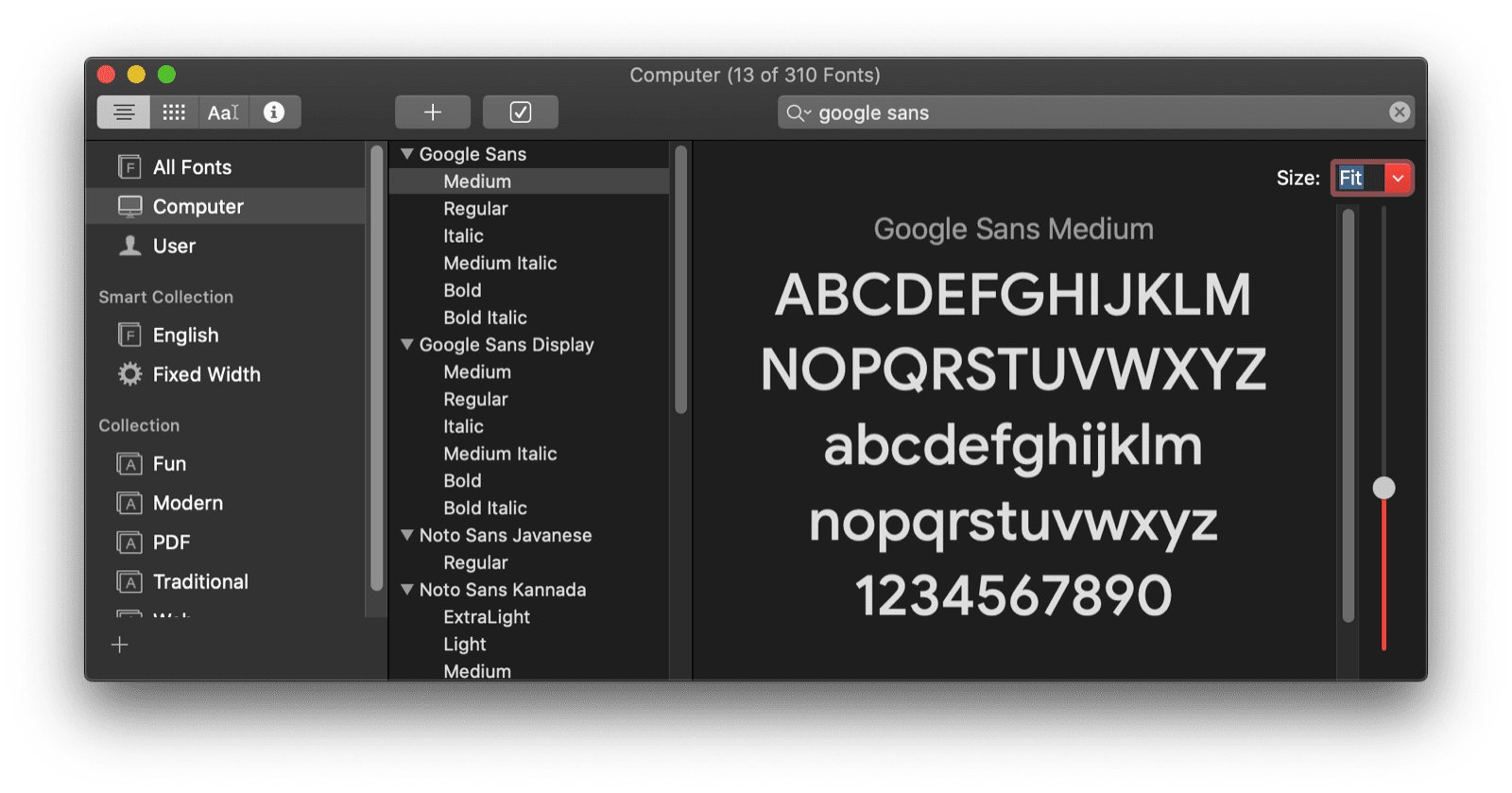 Aplikasi Font Book macOS menampilkan pratinjau font Google Sans.