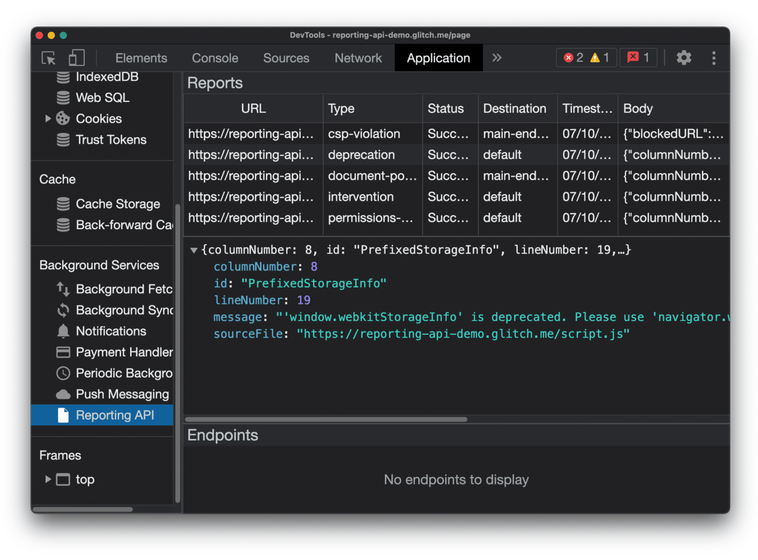 Captura de pantalla de Herramientas para desarrolladores con una lista de los informes