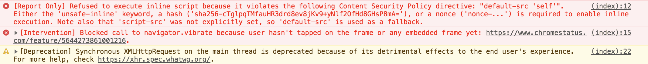 DevTools Console warnings for deprecations and interventions.