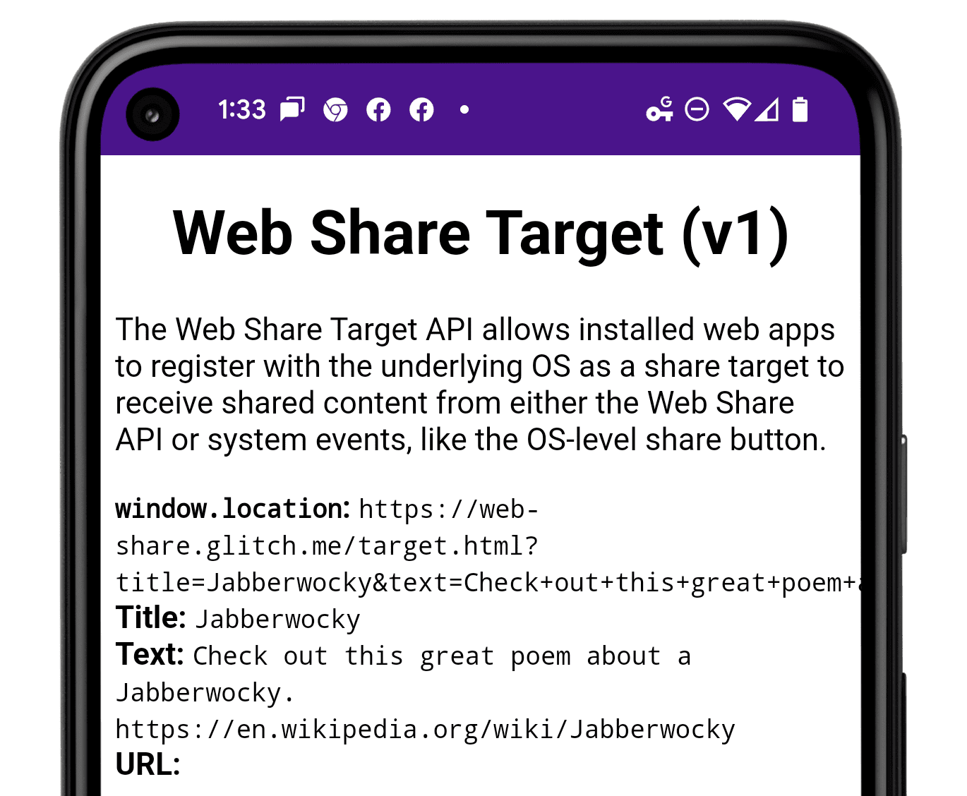 Un teléfono Android en el que se muestra la app de demostración con contenido compartido.