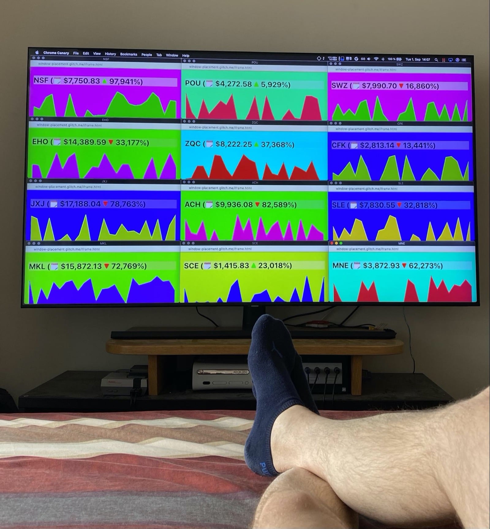 شاشة تلفزيون ضخمة في نهاية السرير تظهر جزئيًا ساقي المؤلف تظهر على الشاشة مكتب مزيّف لتداول العملات المشفّرة. 