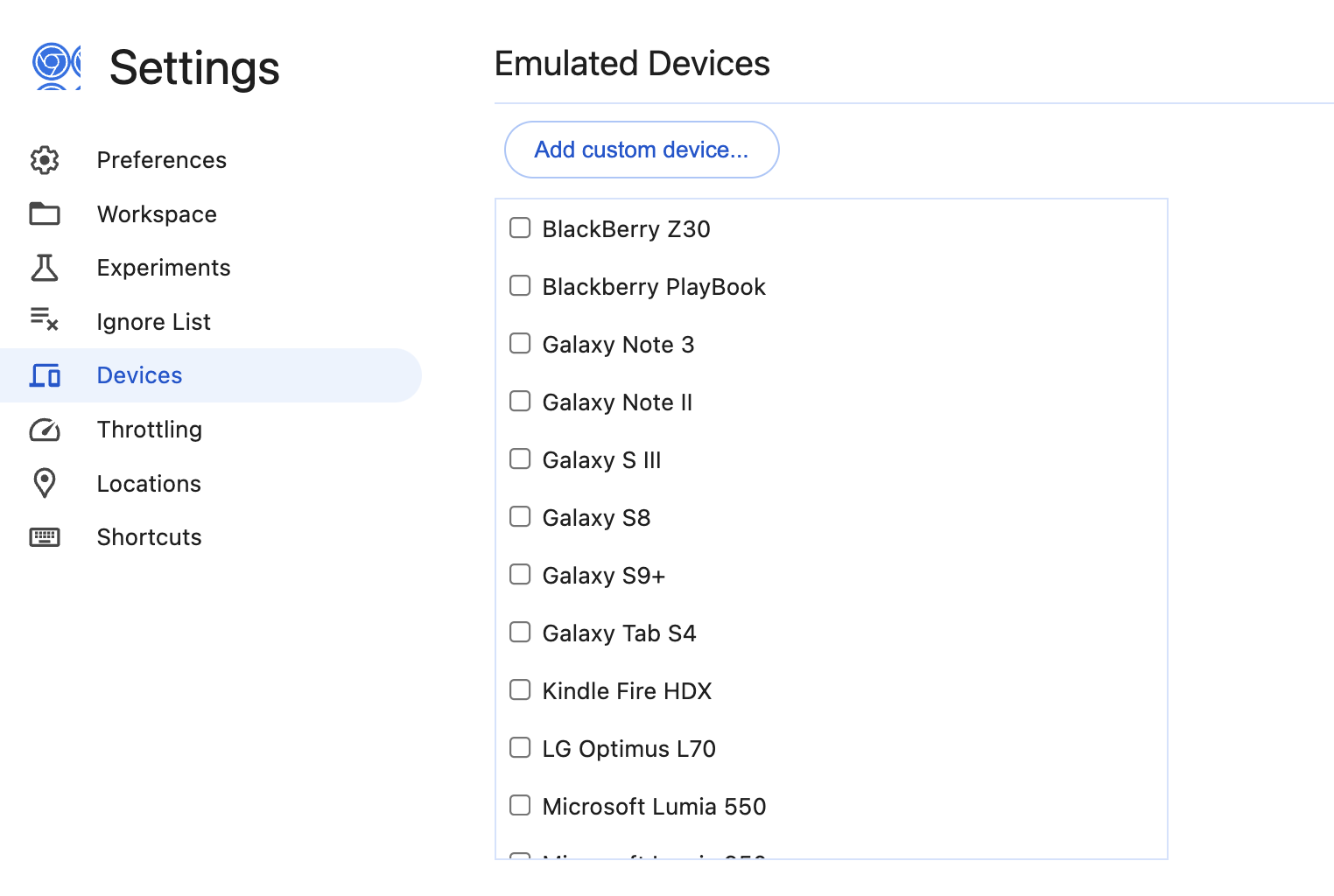 Captura de tela da configuração &quot;Devices&quot;