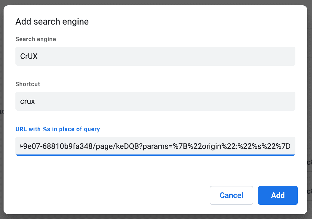 Boîte de dialogue &quot;Ajouter un moteur de recherche&quot; de Chrome avec trois champs: le nom du moteur de recherche, le raccourci et l&#39;URL avec %s à la place de la requête.