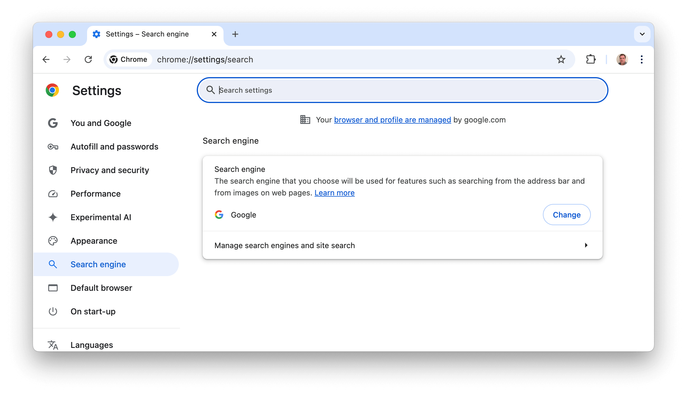 Página de configurações do Chrome para mecanismos de pesquisa em que você pode &quot;Gerenciar mecanismos de pesquisa e pesquisas em sites&quot;