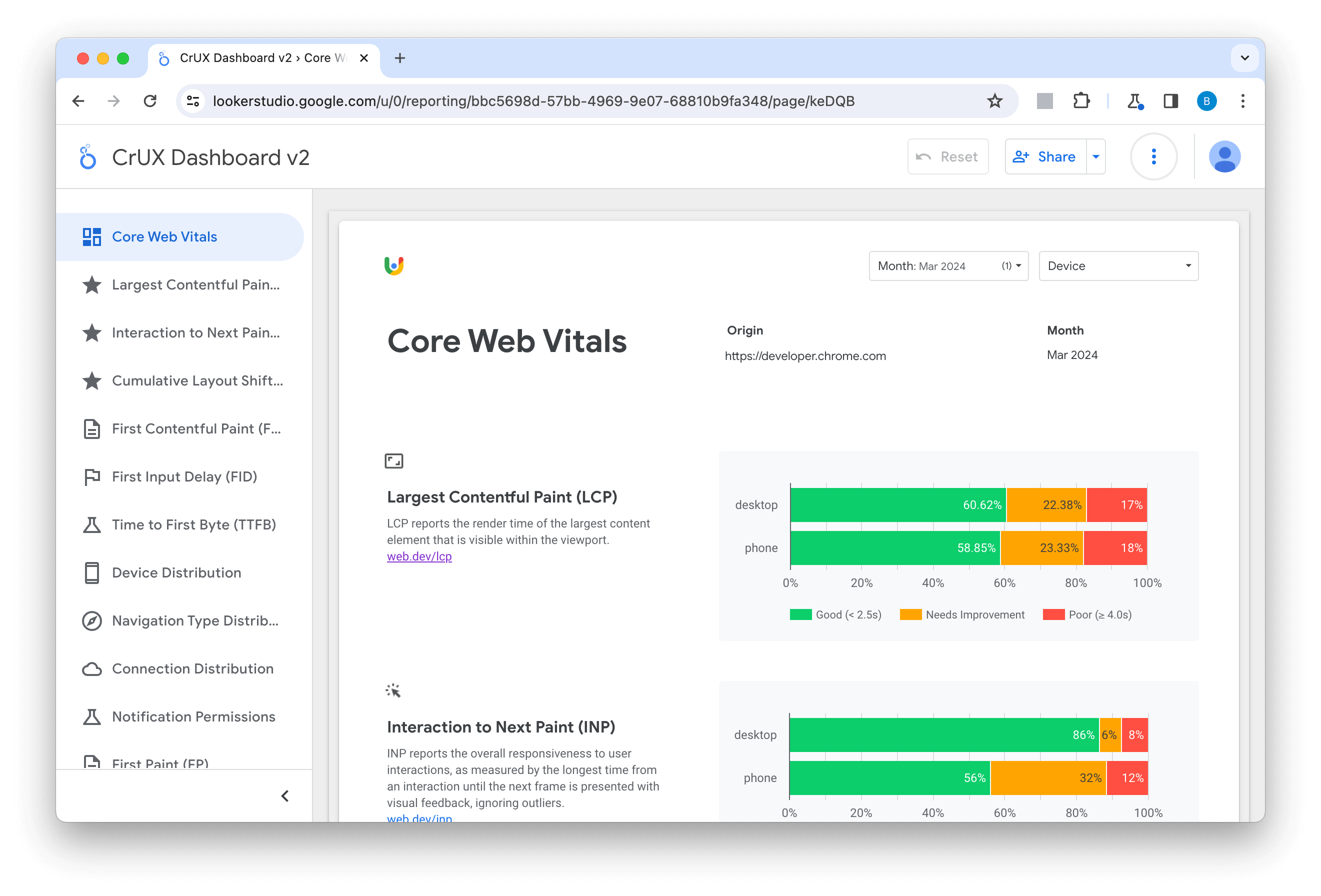 لقطة شاشة للوحة بيانات CrUX في الموقع الإلكتروني developer.chrome.com، وتعرض الشاشة الأولية من &quot;مؤشرات أداء الويب الأساسية&quot;