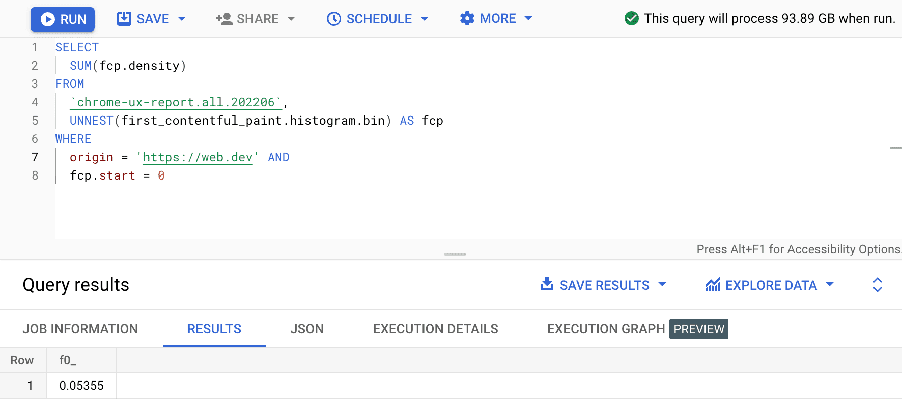 Menjumlahkan FCP CrUX di BigQuery