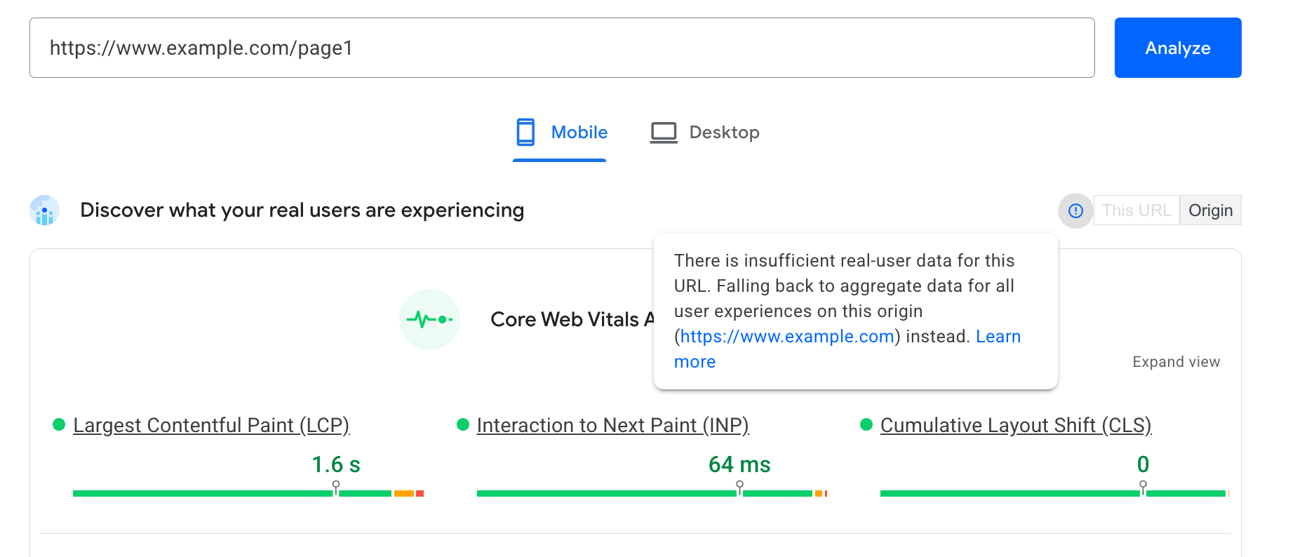 Geen Crux-gegevens op URL-niveau op PageSpeed ​​Insights, dus Origin-gegevens worden weergegeven