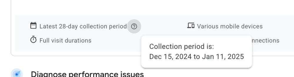 PageSpeed Insights affiche les dates de la période de collecte dans une info-bulle.