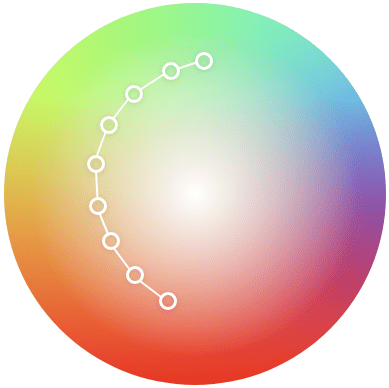 Ein kreisförmiger Farbverlauf mit einer um die Mitte gekrümmten Linie mit vielen Zwischenstopps für den Farbverlauf, die vom Mittelpunkt wegführt.