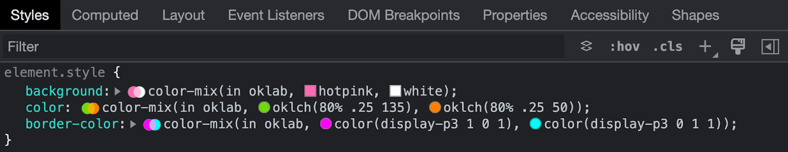Screenshot der Chrome-Entwicklertools, in denen die Farbmix-Syntax geprüft wird