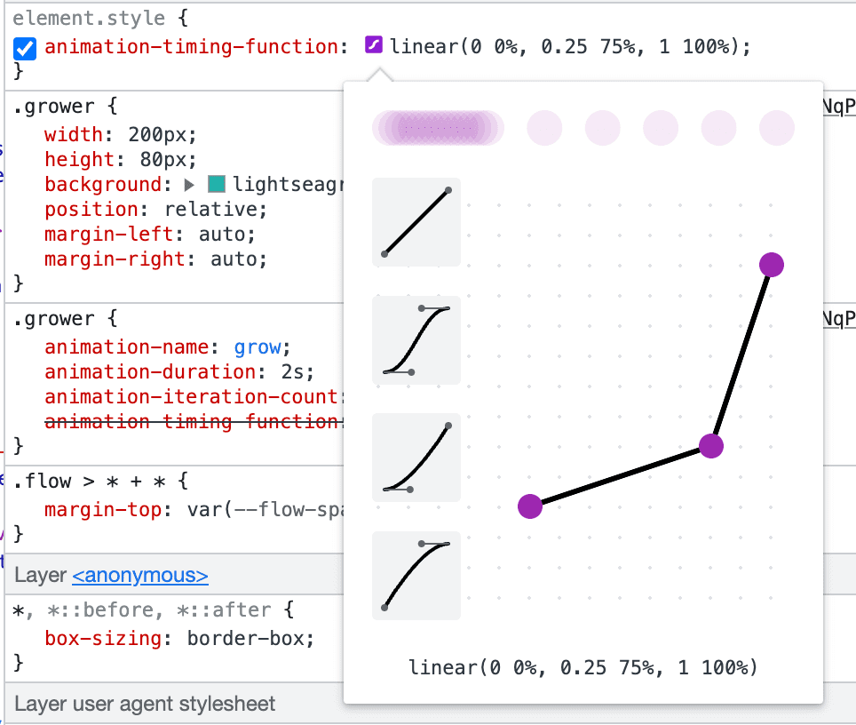 Schermafbeelding van de `linear()`-editor van Chrome DevTools.