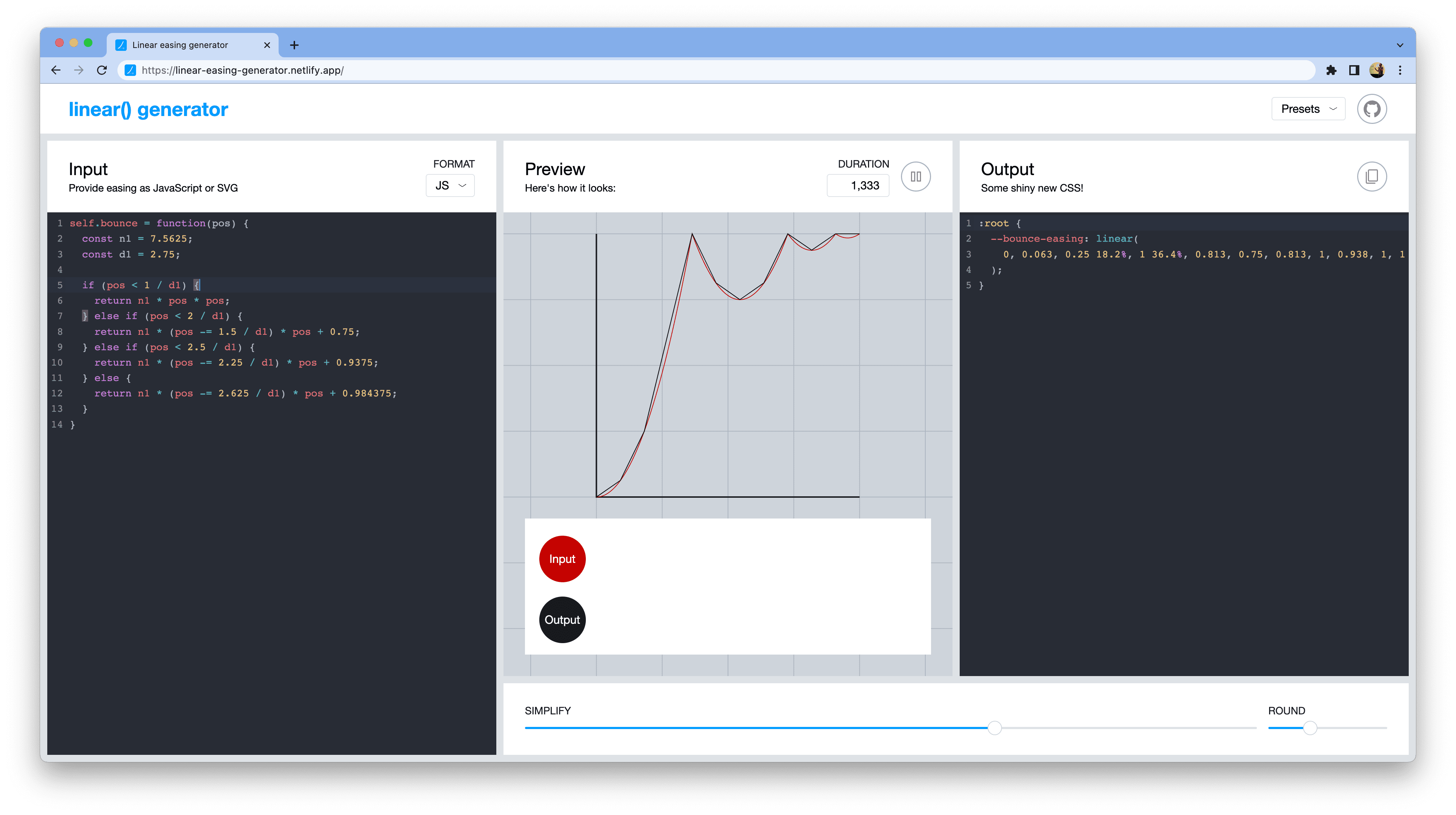 Captura de tela da ferramenta de geração de transição linear.