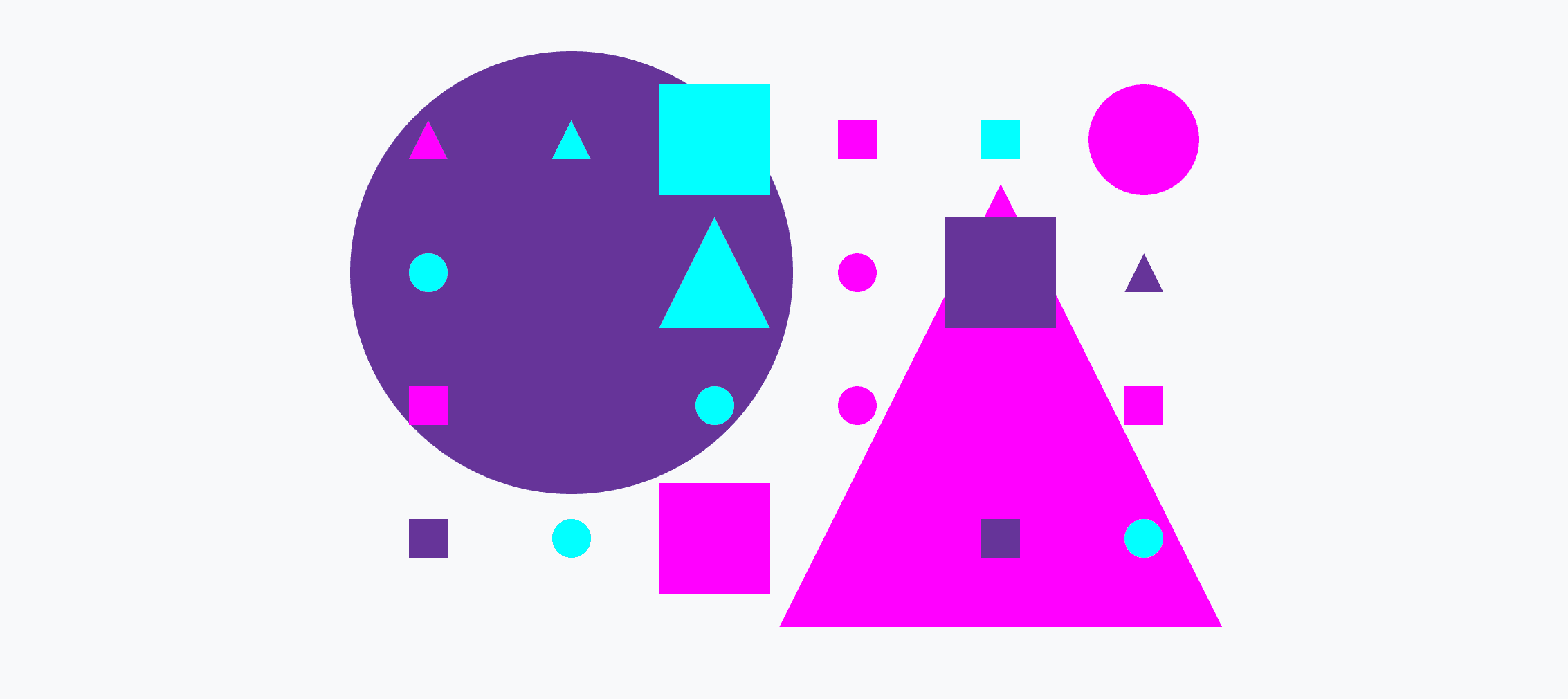 Una cuadrícula colorida de círculos, triángulos y cuadrados pequeños y grandes.