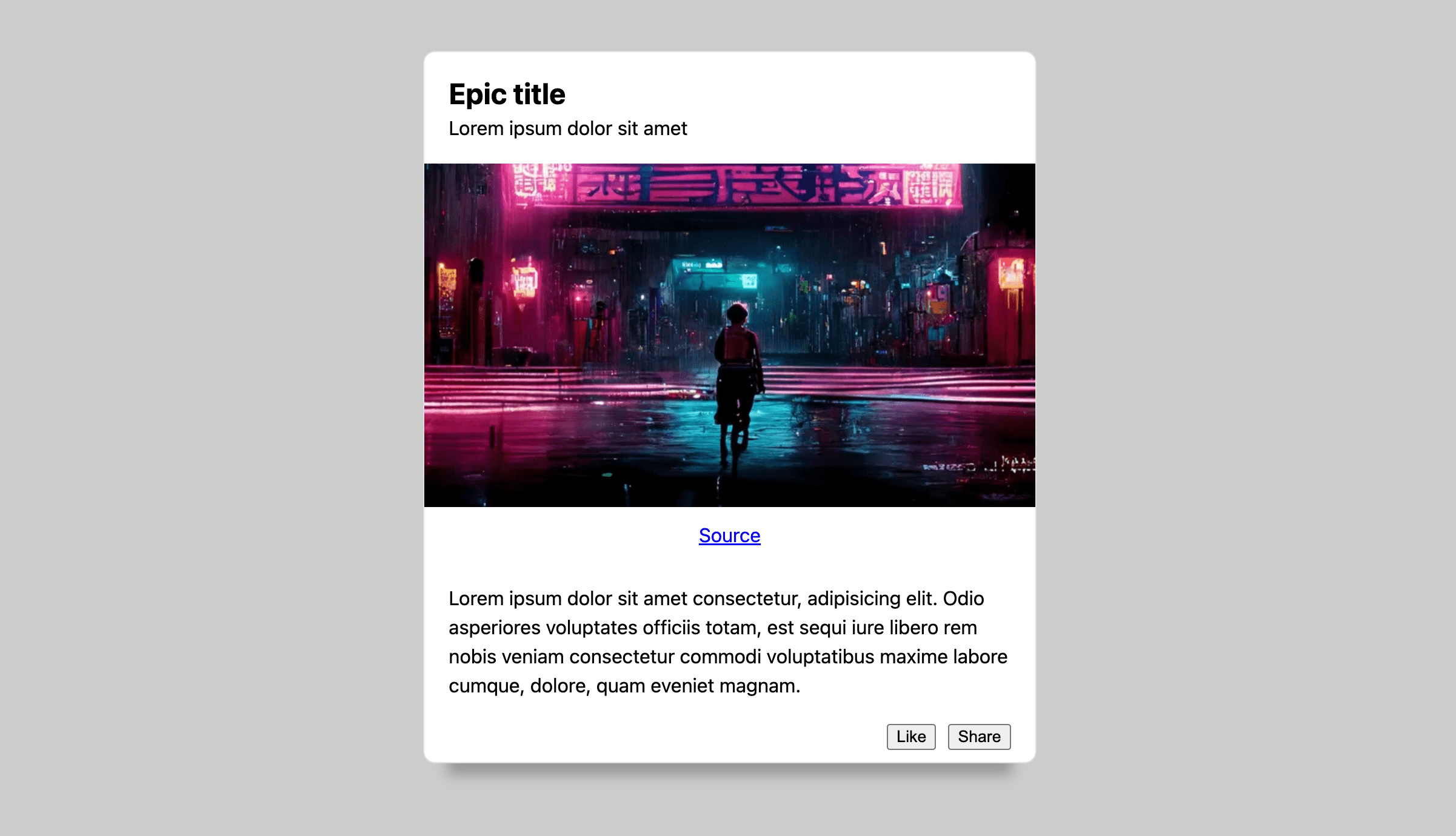 Eine helle Karte auf grauem Hintergrund. Die Karte hat einen Titel und Text, einige Aktionsschaltflächen und ein Bild im Cyber-Punk-Stil.