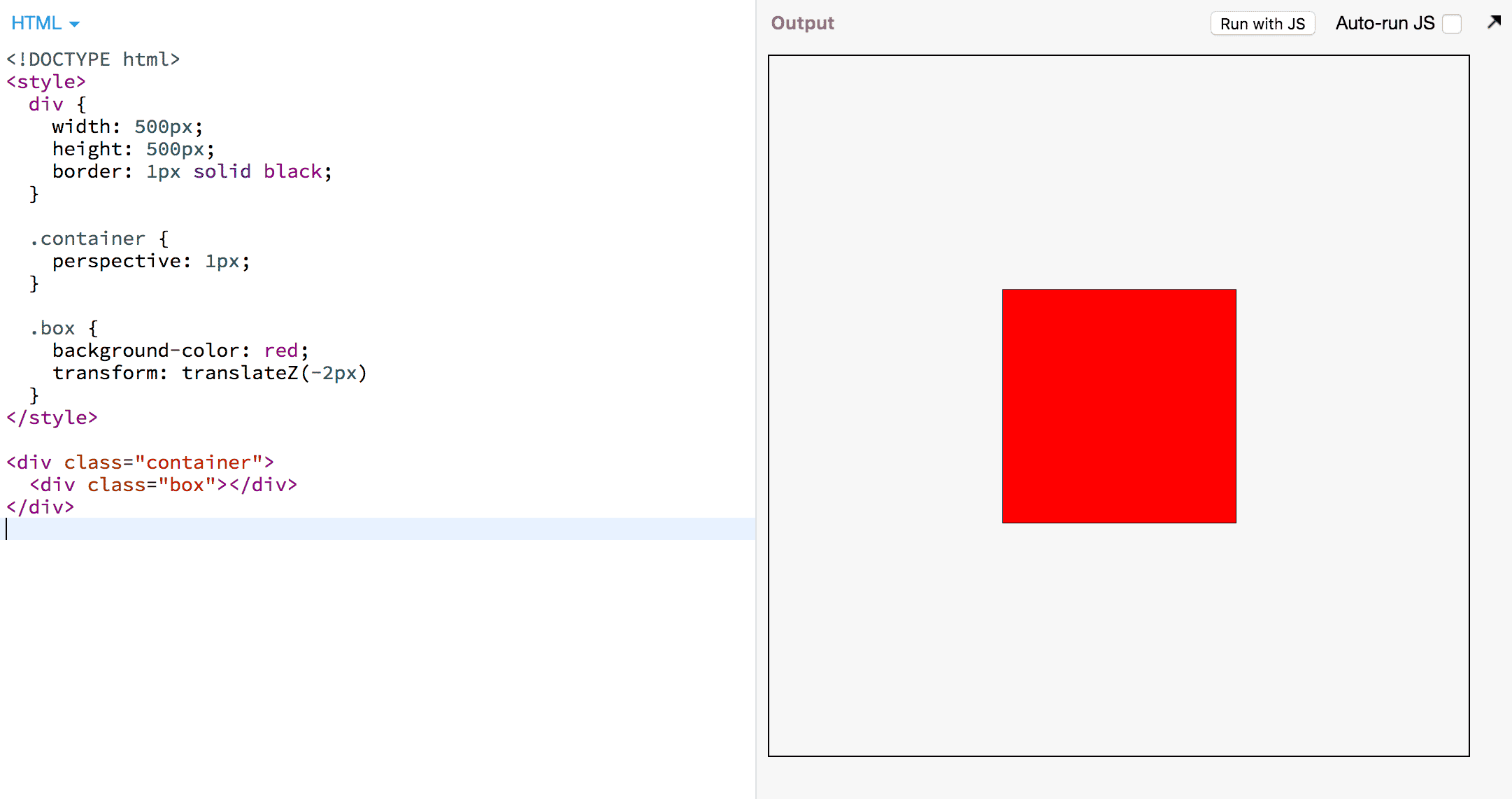 Fragment kodu CSS zniekształcający element div za pomocą atrybutu perspektywa CSS.