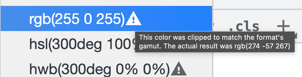 Screenshot pemotongan gamut DevTools, dengan ikon peringatan di samping warna.