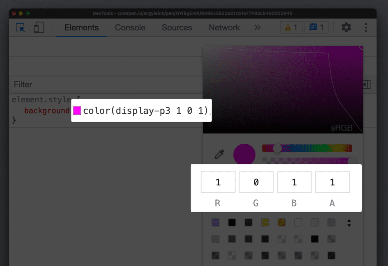 DevTools שמוצגת בו תמיכה בצבעים של Display P3.