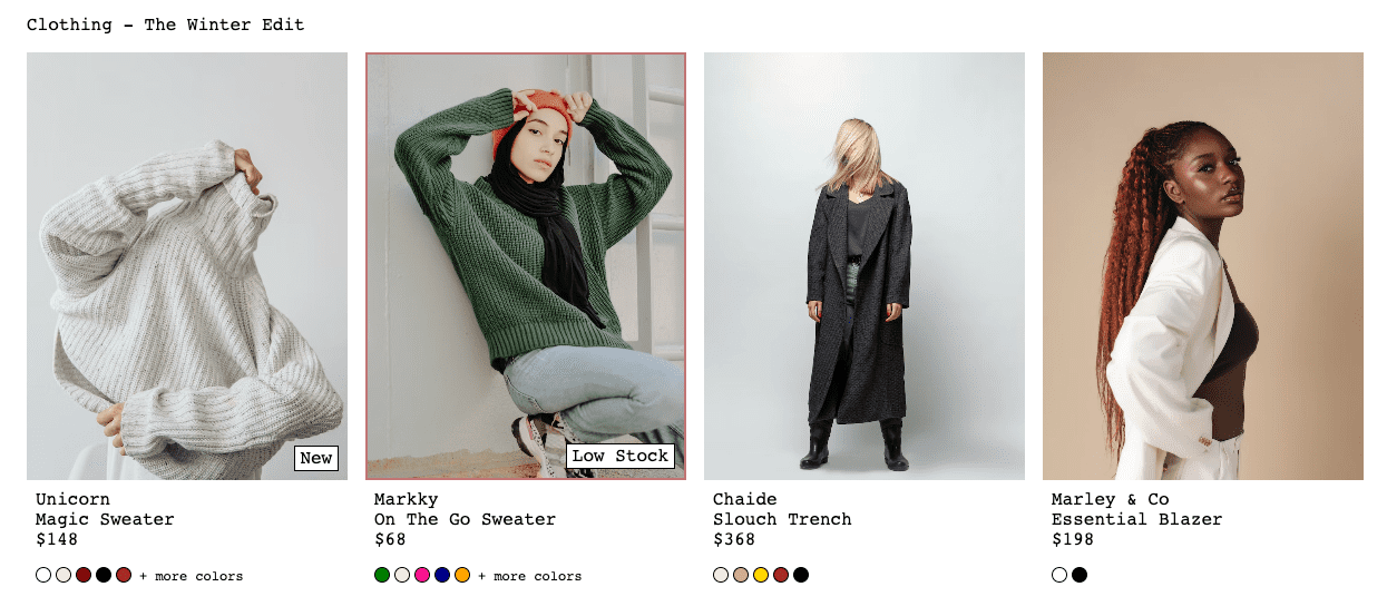 示範圖片包含多張產品資訊卡,其中部分標有「new」或「low stock」標記,而「low stock」資訊卡則有紅色背景。