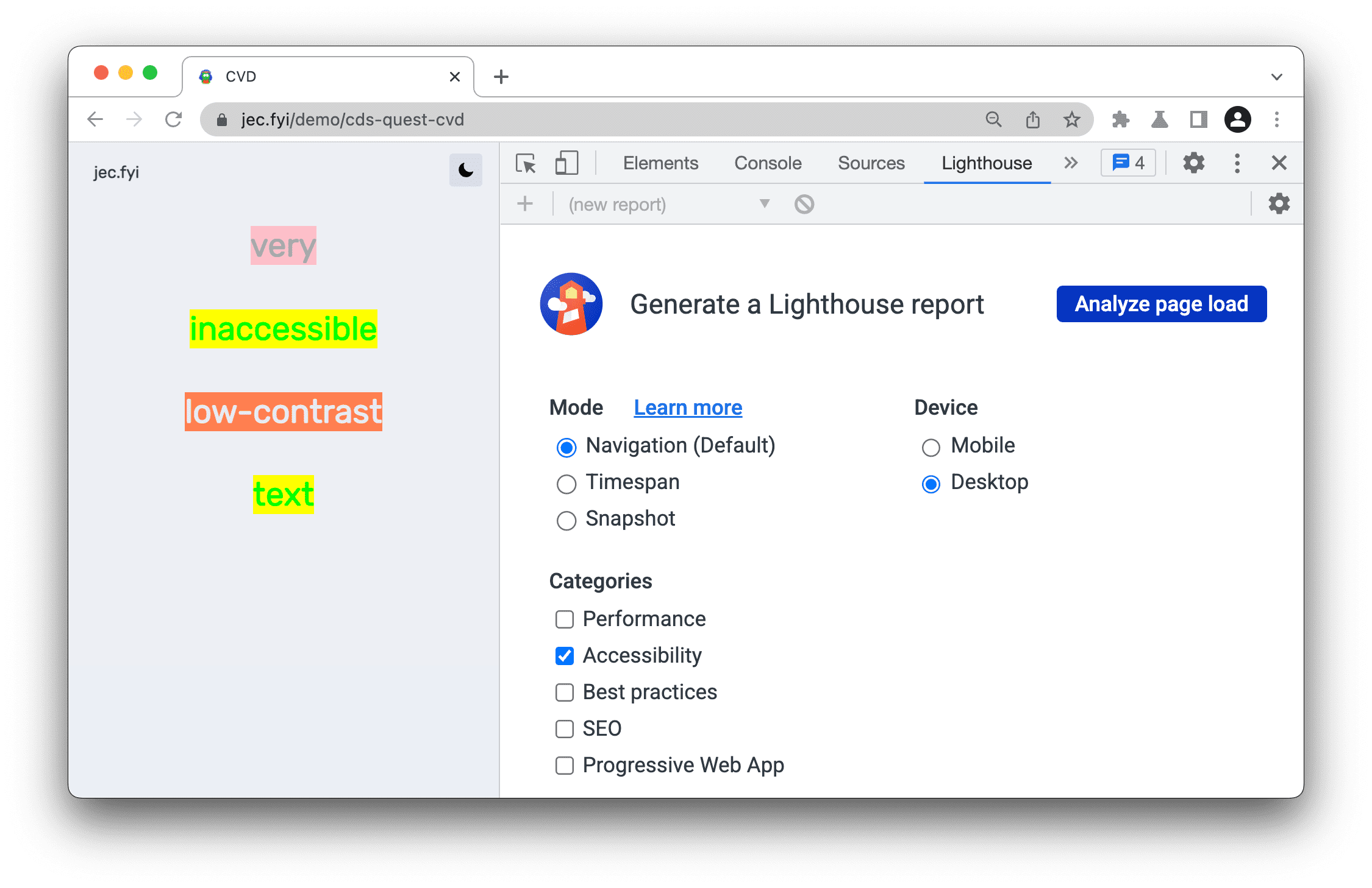 Informe de Lighthouse con la configuración de Navegación, Accesibilidad y Computadoras de escritorio.