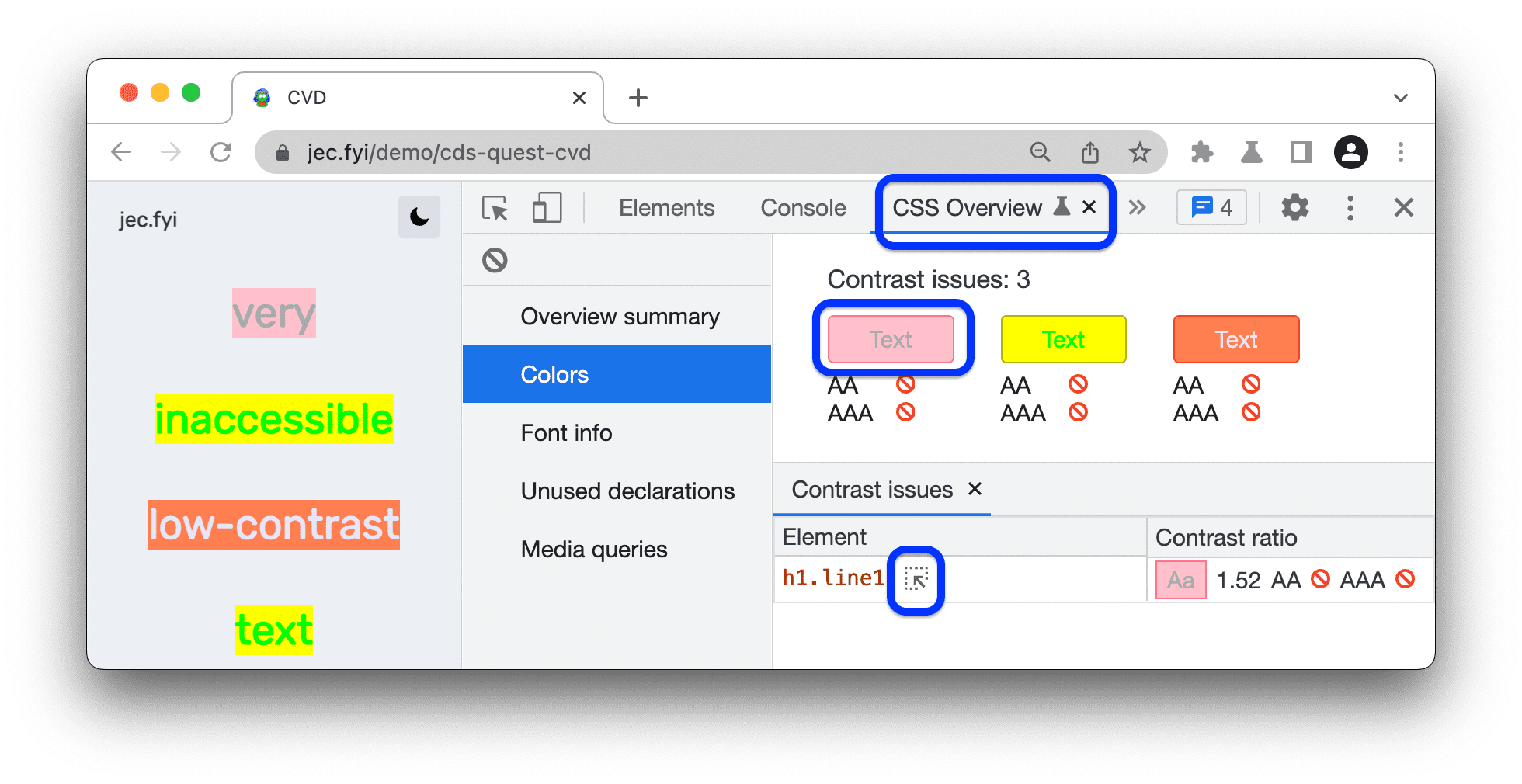 Lista problemów z kontrastem w przeglądzie CSS.