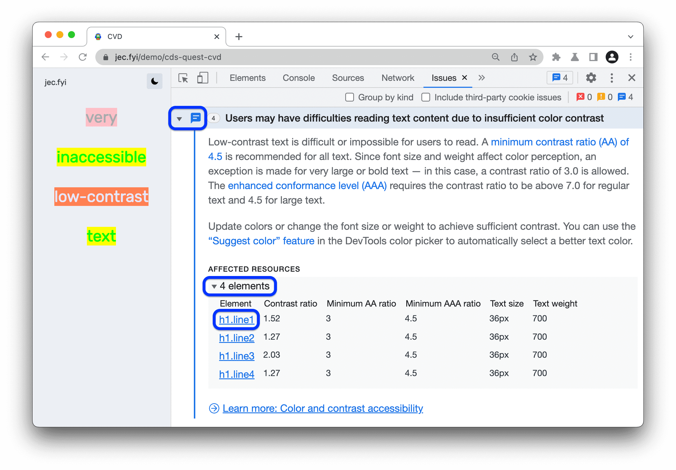 Tabelle mit Elementen mit Kontrastproblemen auf dem Tab „Probleme“.