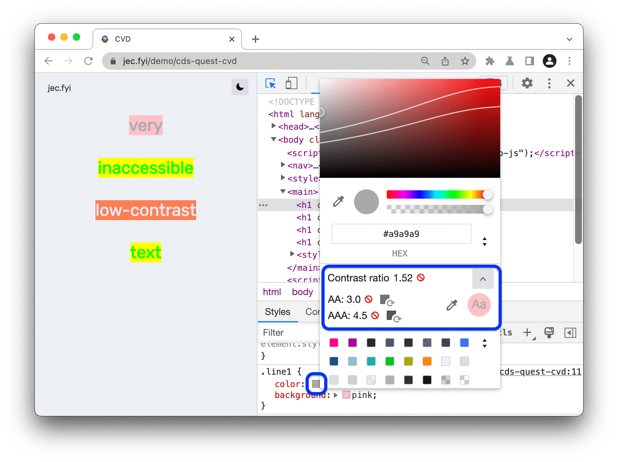 La sección Relación de contraste del Selector de color