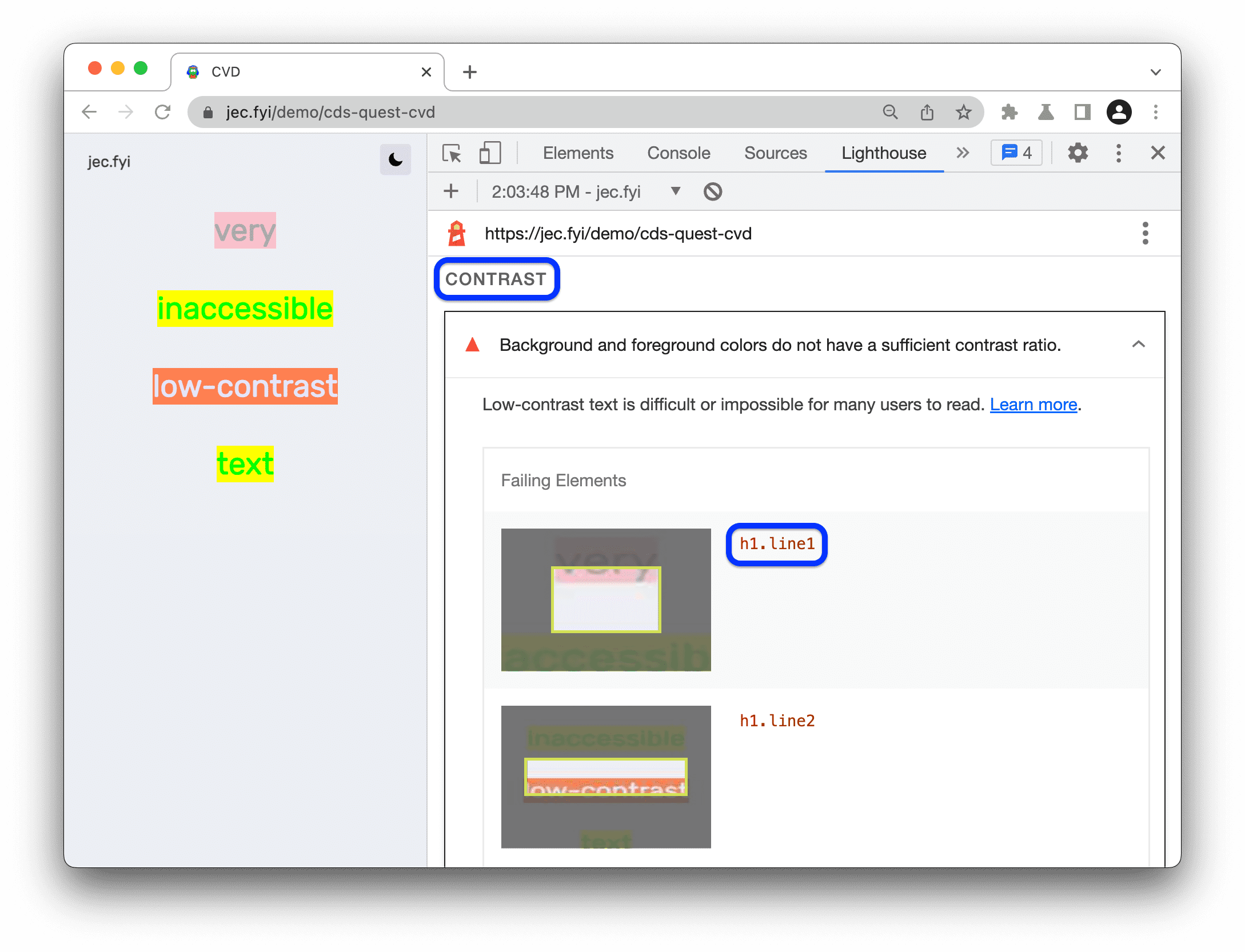 Lighthouse 报告的“对比度”部分会列出存在对比度问题的元素。