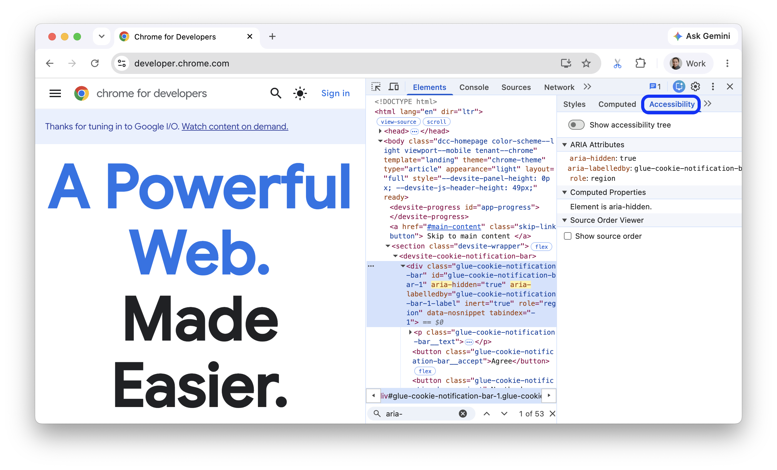 Inspecting a div element in the Accessibility tab.