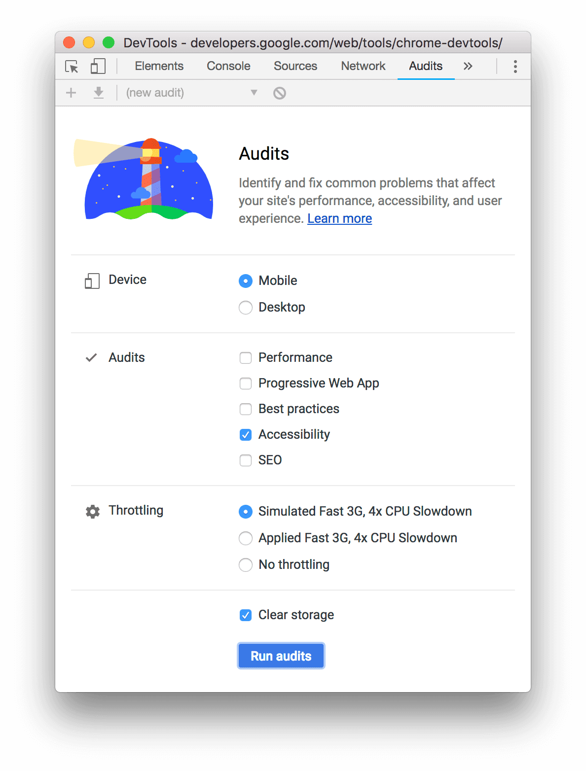 Configuring an accessibility scan in Lighthouse panel.