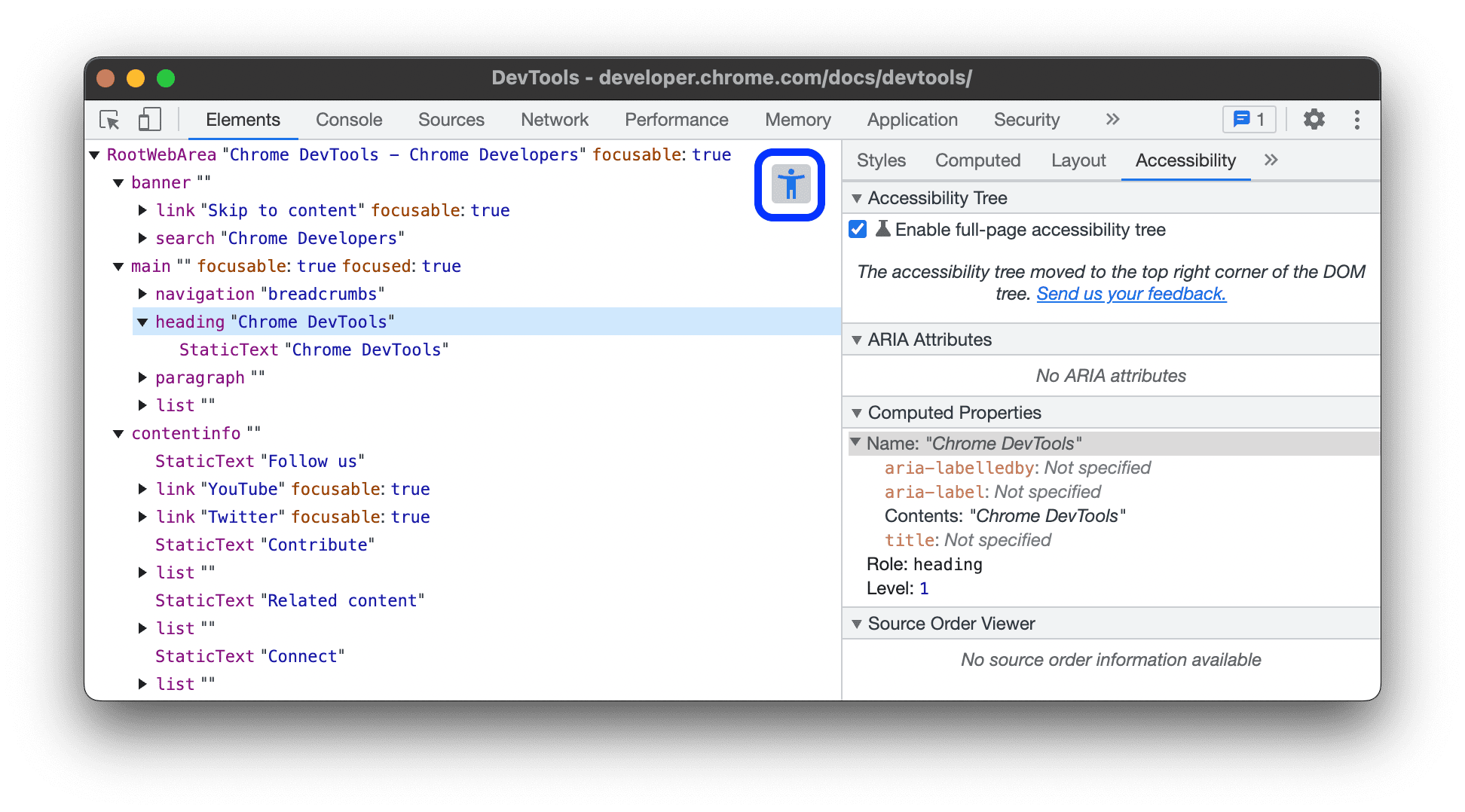 無障礙功能樹狀結構的整頁檢視畫面