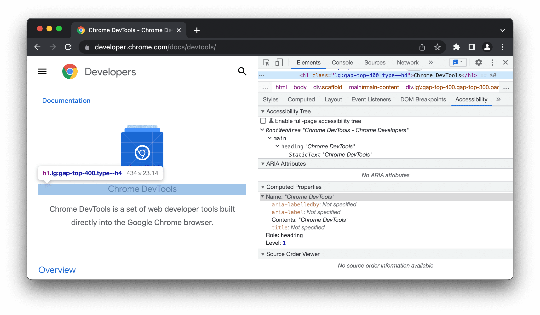 सुलभता टैब में, DevTools के होम पेज के h1 एलिमेंट की जांच करना.