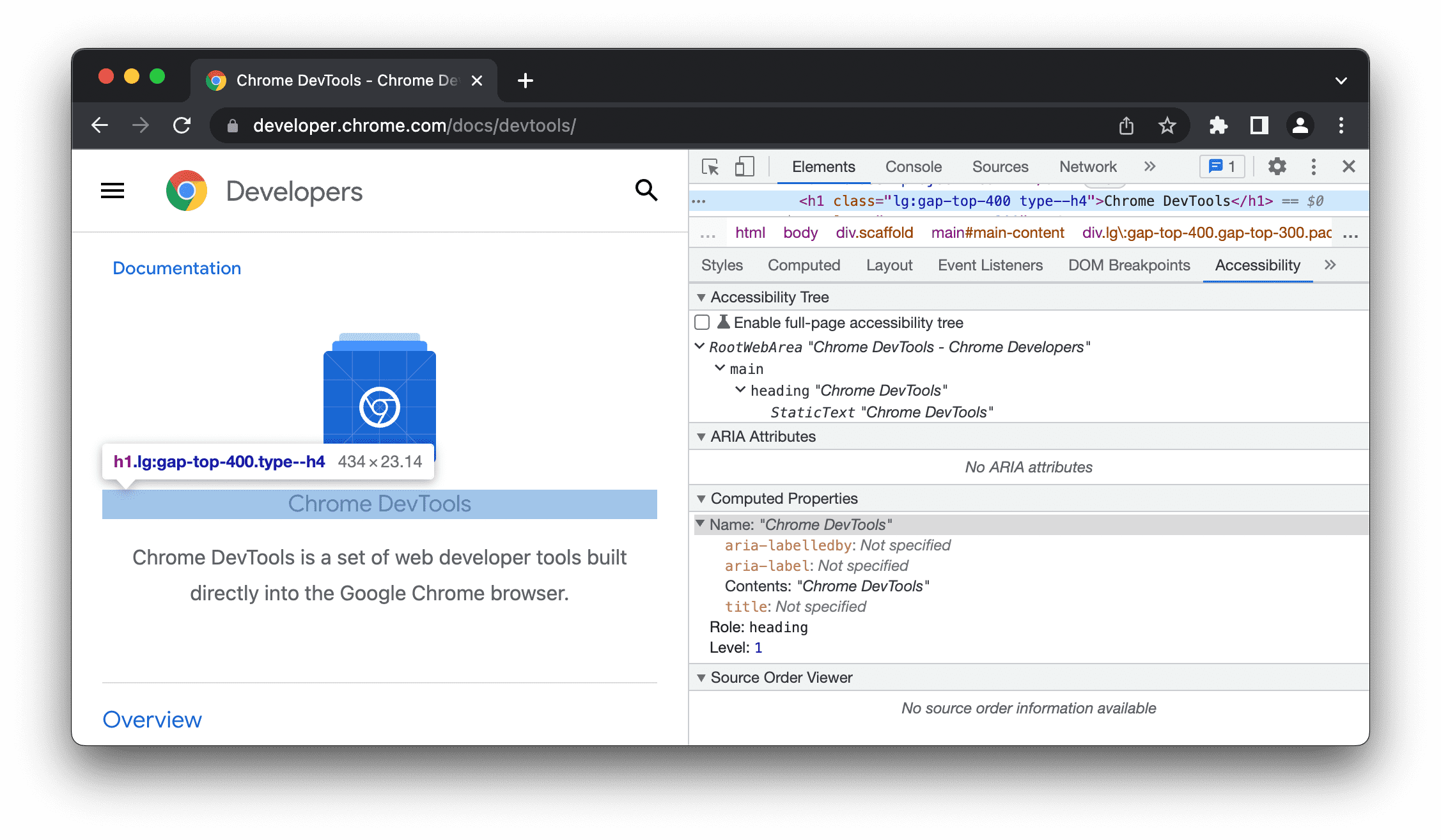 Erişilebilirlik sekmesinde DevTools ana sayfasının h1 öğesini inceleme.