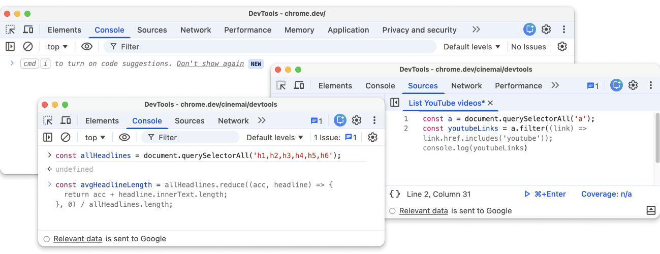 Fonction de suggestion de code dans les panneaux "Console" et "Sources".