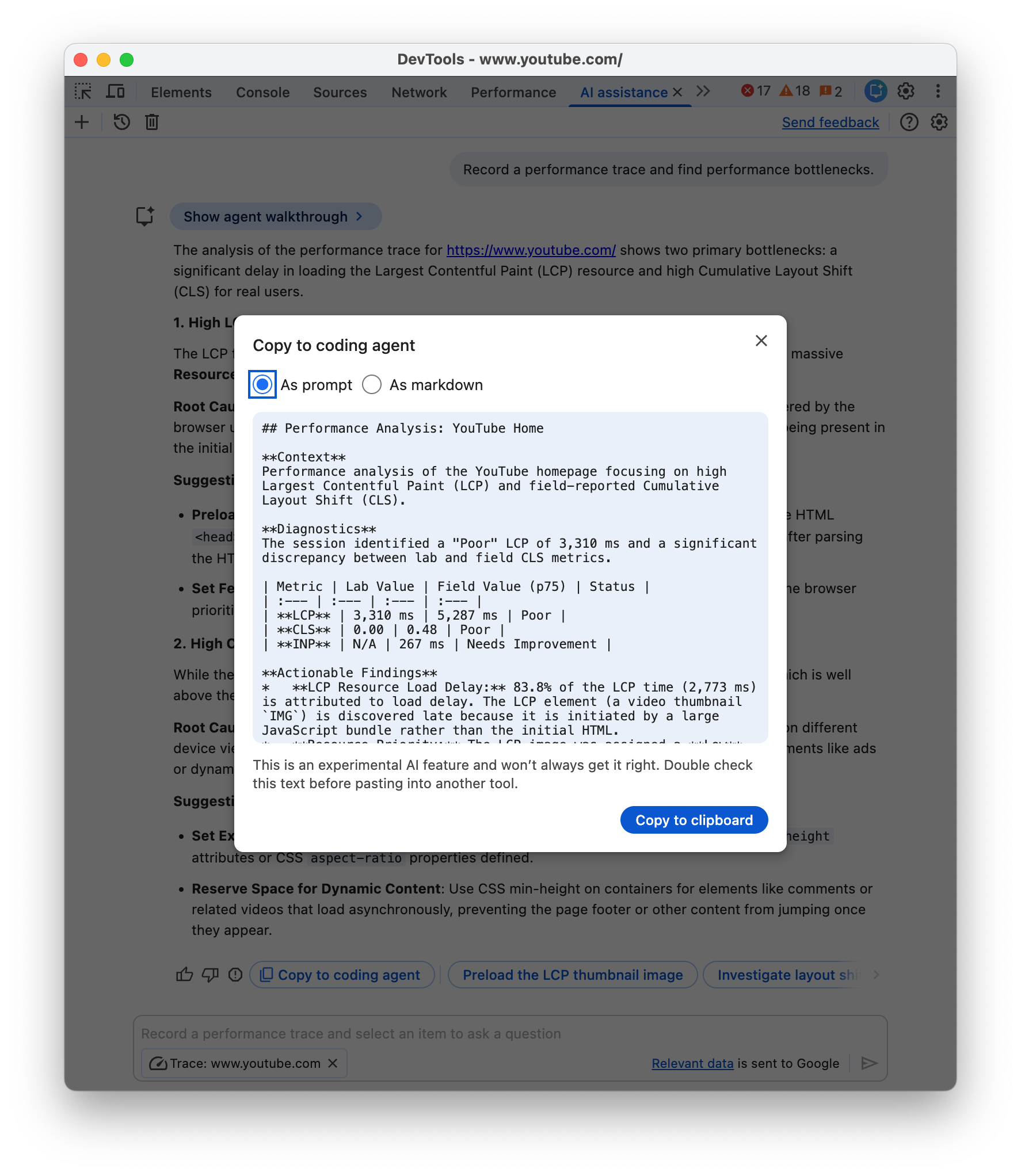 The 'Copy to coding agent' option.