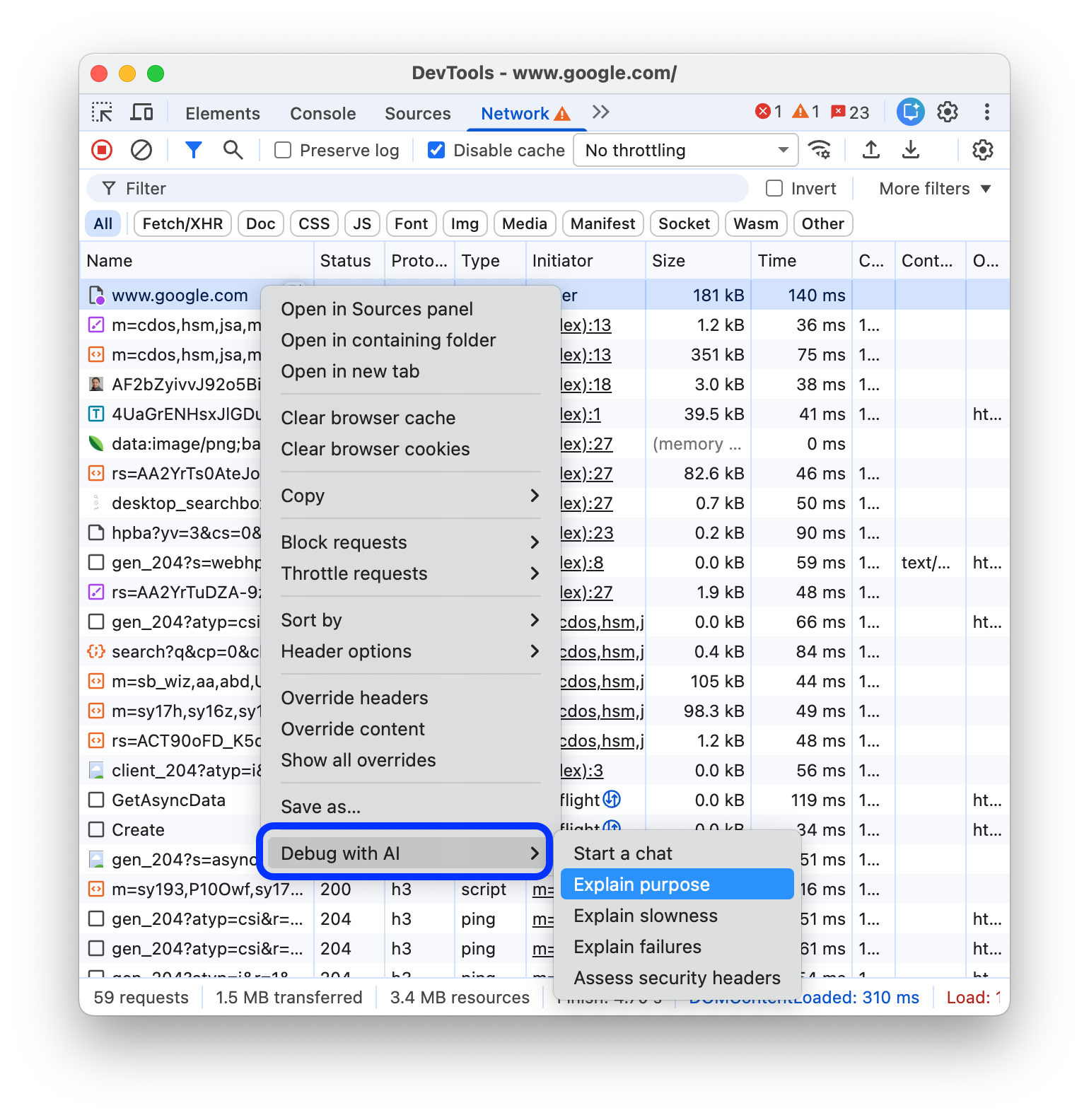 The 'Debug with AI' options in the context menu of an element.