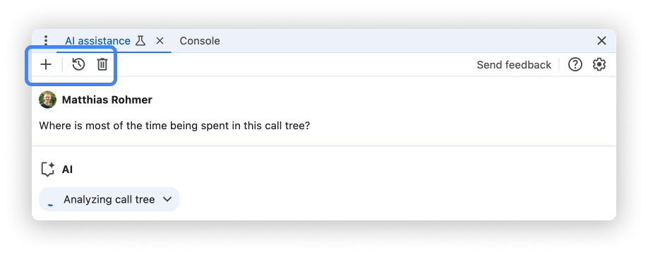 The AI assistance panel with the history controls highlighted.