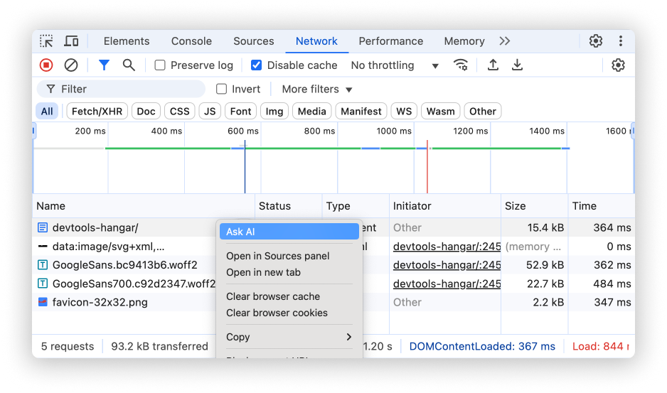 Menu contextuel de la demande avec l&#39;option &quot;Demander à l&#39;IA&quot; mise en évidence.
