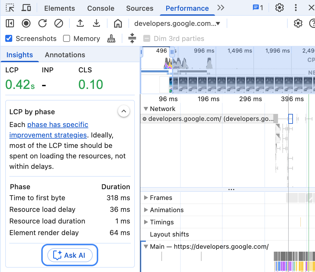 एलसीपी की परफ़ॉर्मेंस की अहम जानकारी में हाइलाइट किया गया &#39;एआई से पूछें&#39; बटन.