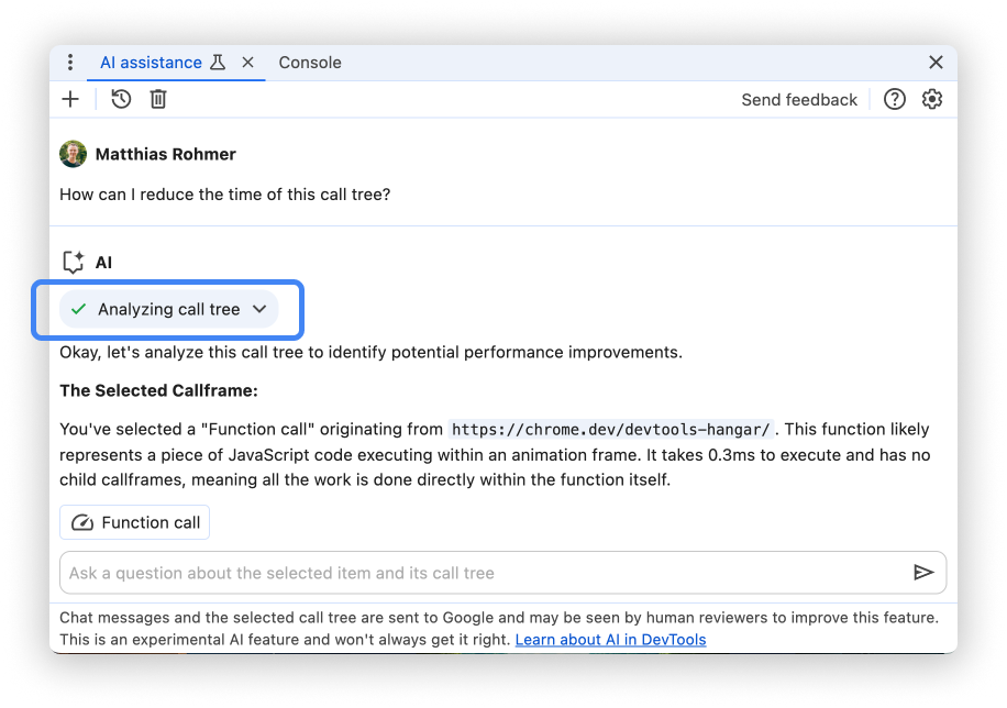 The AI assistance panel with the Analyzing call tree chip highlighted.