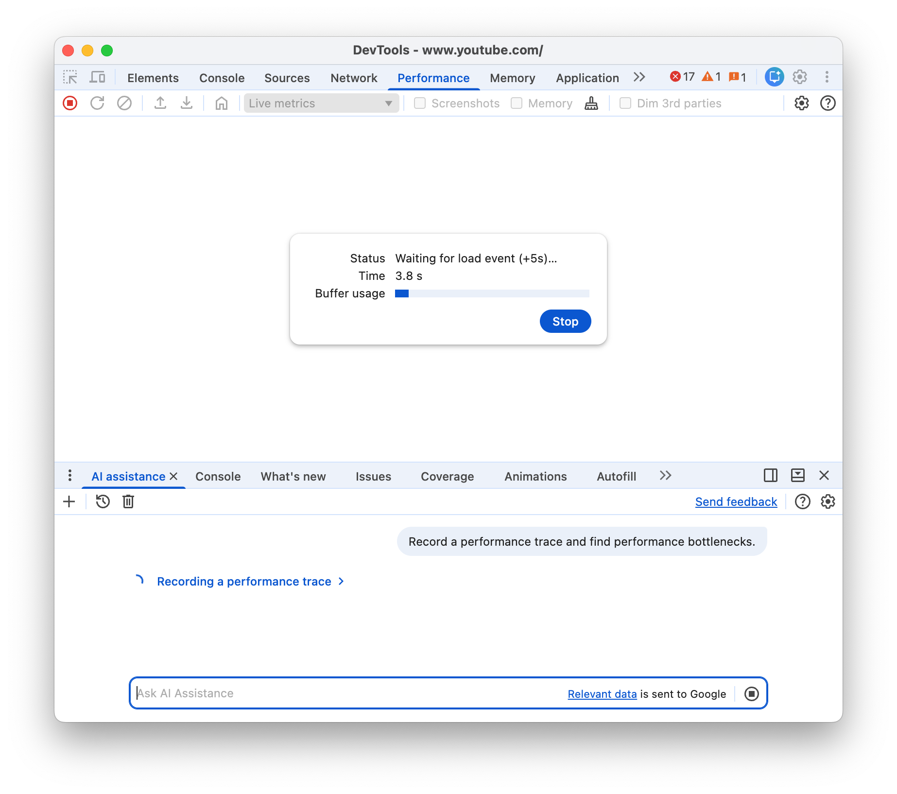 The AI assistance panel records a performance trace.