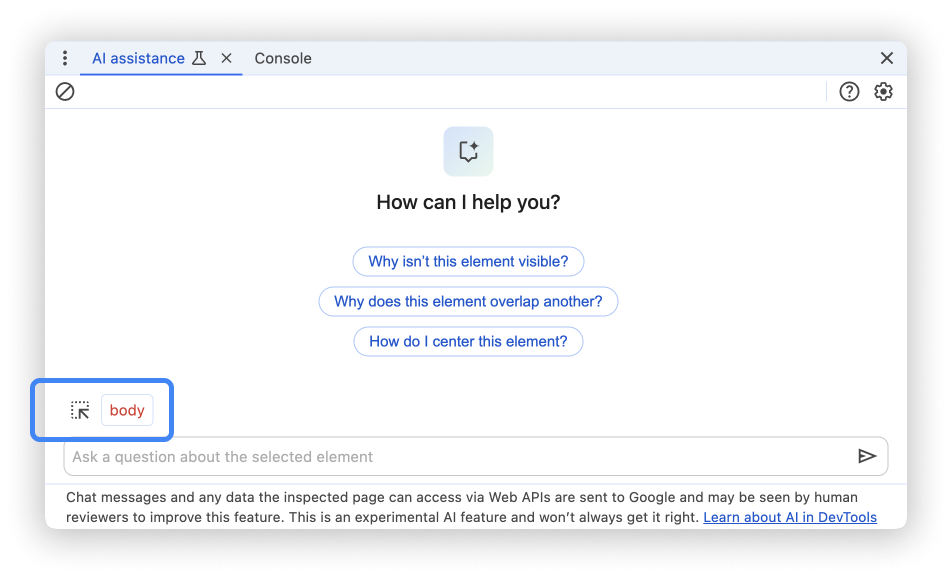 The AI assistance panel with the context element highlighted.